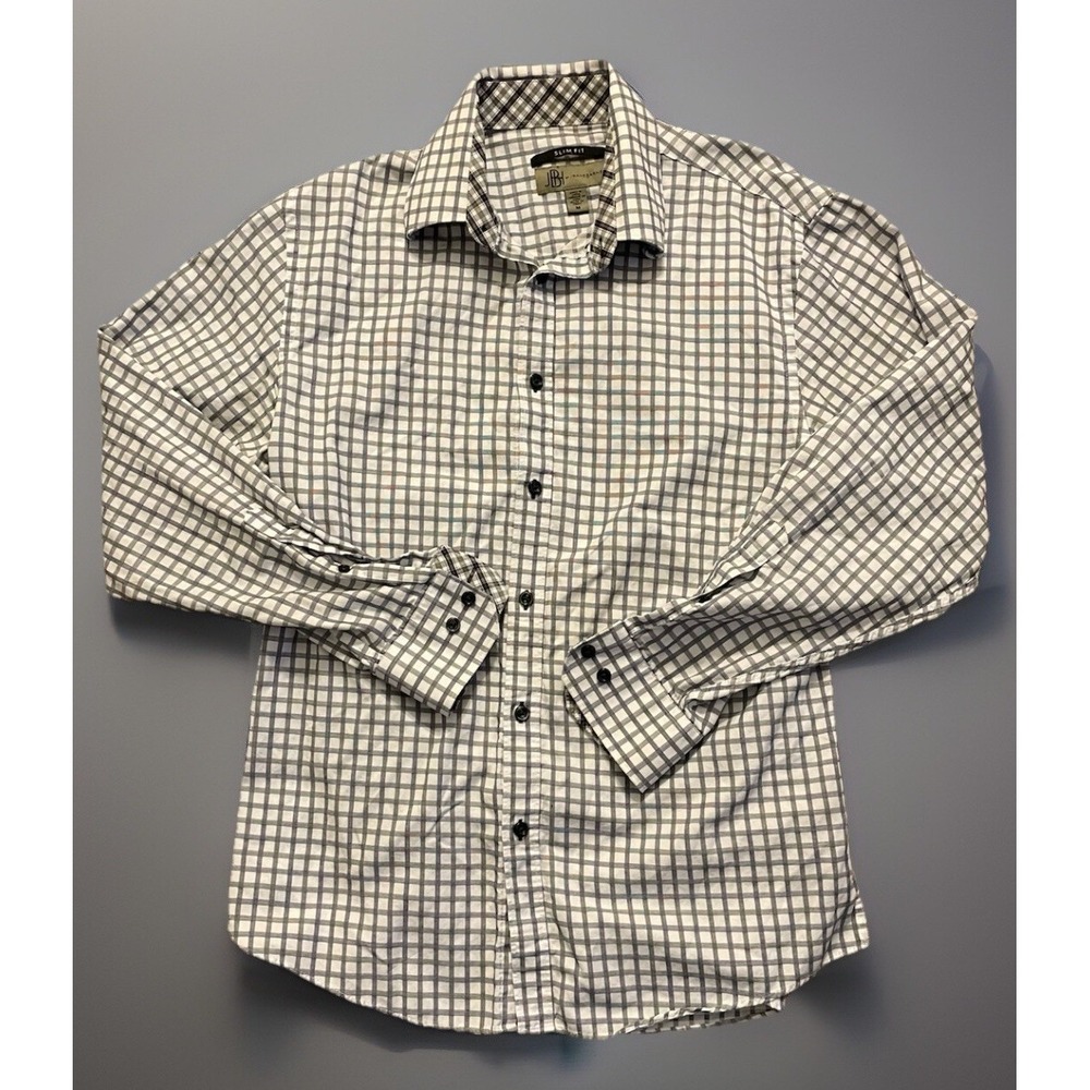 Jhane Barnes Long Sleeve Button Up Shirt White Grey Checker Slim Fit Medium JBHS